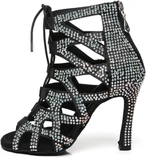HROYL Women's Latin Ballroom Dance Shoes Rhinestones Latin Salsa Dance Boots,Model L439