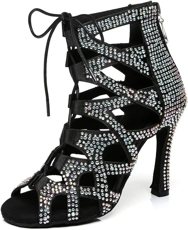 HROYL Women's Latin Ballroom Dance Shoes Rhinestones Latin Salsa Dance Boots,Model L439