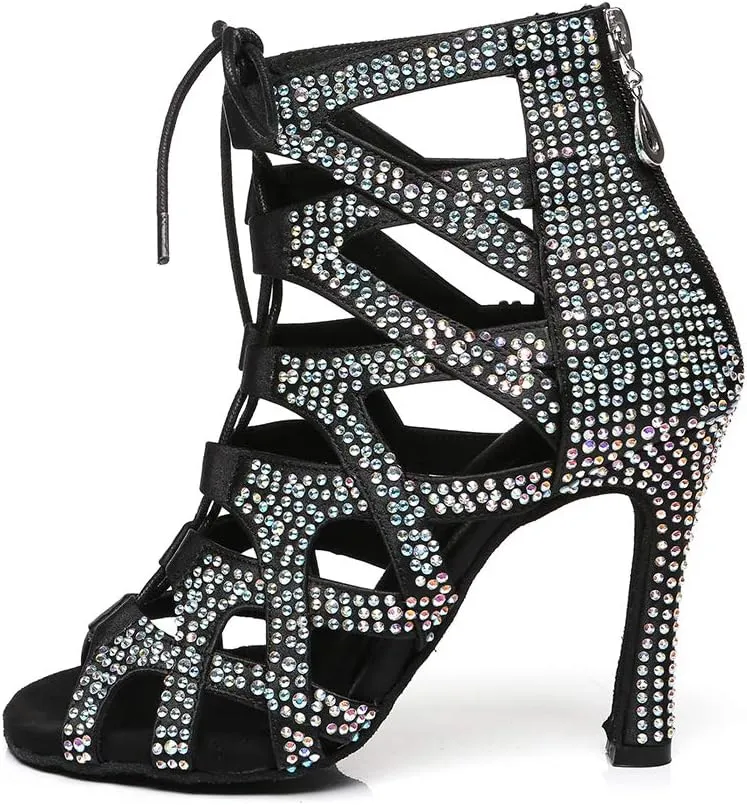HROYL Women's Latin Ballroom Dance Shoes Rhinestones Latin Salsa Dance Boots,Model L439