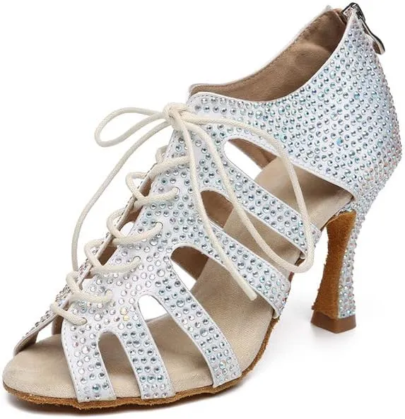 JUODVMP Women Latin Dance Shoes Rhinestone Peep-Toe Ballroom Salsa Bachata Dancing Practice Performance Wedding Party YCL486