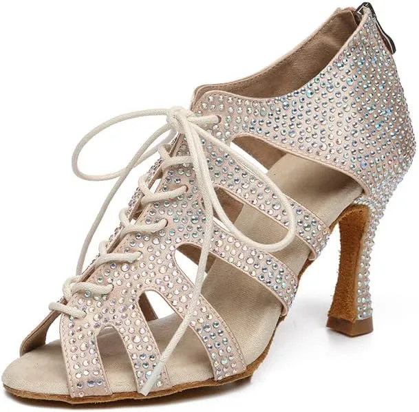 JUODVMP Women Latin Dance Shoes Rhinestone Peep-Toe Ballroom Salsa Bachata Dancing Practice Performance Wedding Party YCL486