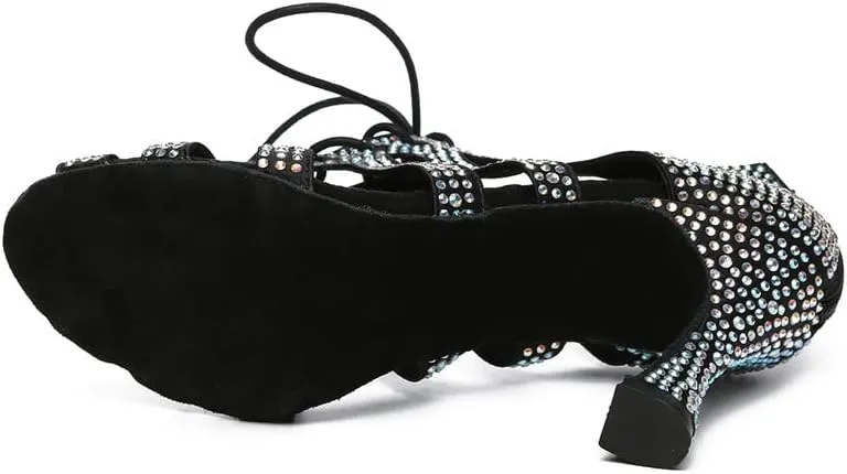 JUODVMP Women Latin Dance Shoes Rhinestone Peep-Toe Ballroom Salsa Bachata Dancing Practice Performance Wedding Party YCL486