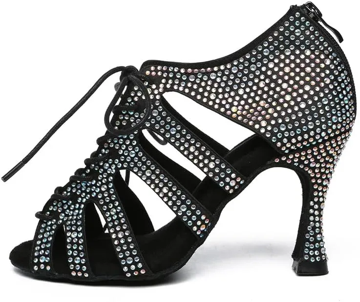 JUODVMP Women Latin Dance Shoes Rhinestone Peep-Toe Ballroom Salsa Bachata Dancing Practice Performance Wedding Party YCL486