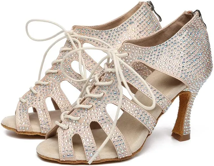 JUODVMP Women Latin Dance Shoes Rhinestone Peep-Toe Ballroom Salsa Bachata Dancing Practice Performance Wedding Party YCL486