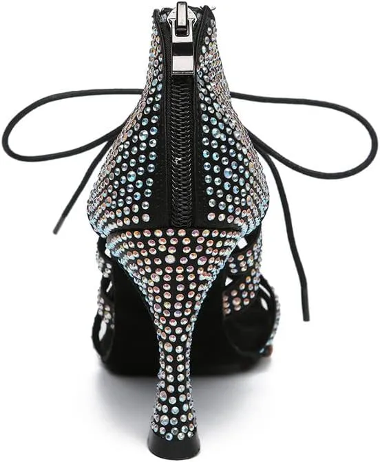 JUODVMP Women Latin Dance Shoes Rhinestone Peep-Toe Ballroom Salsa Bachata Dancing Practice Performance Wedding Party YCL486