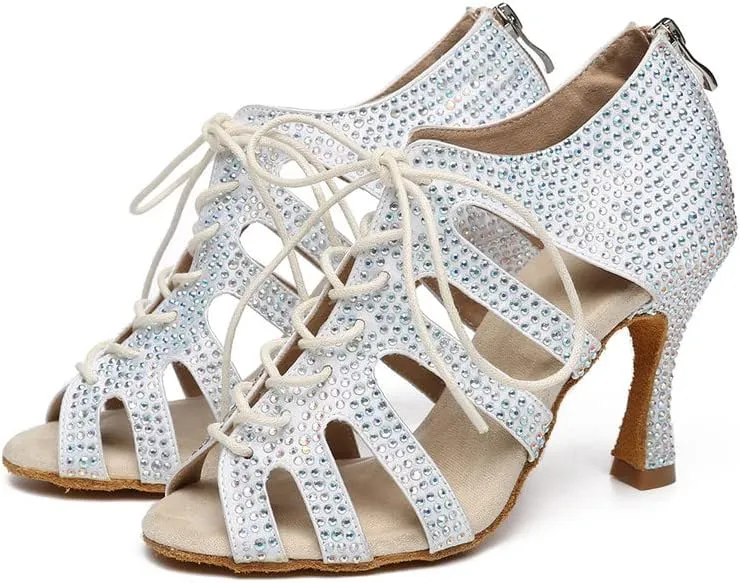 JUODVMP Women Latin Dance Shoes Rhinestone Peep-Toe Ballroom Salsa Bachata Dancing Practice Performance Wedding Party YCL486