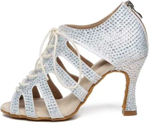 JUODVMP Women Latin Dance Shoes Rhinestone Peep-Toe Ballroom Salsa Bachata Dancing Practice Performance Wedding Party YCL486