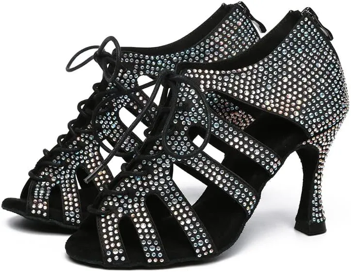 JUODVMP Women Latin Dance Shoes Rhinestone Peep-Toe Ballroom Salsa Bachata Dancing Practice Performance Wedding Party YCL486