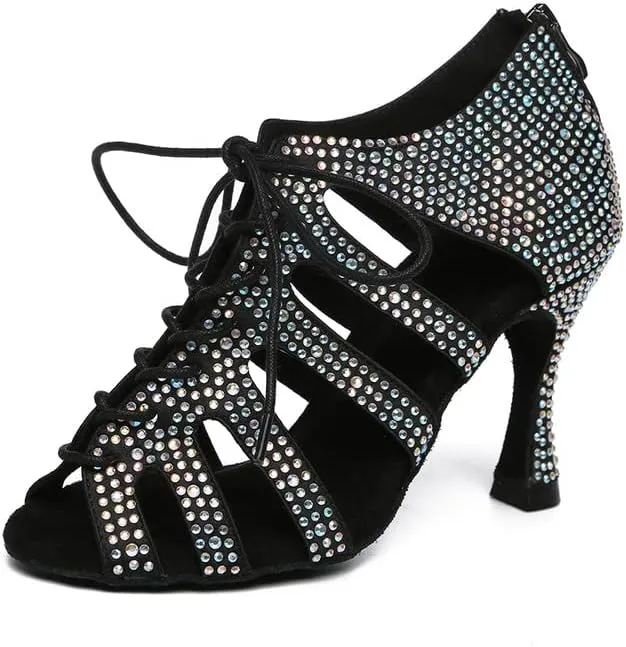 JUODVMP Women Latin Dance Shoes Rhinestone Peep-Toe Ballroom Salsa Bachata Dancing Practice Performance Wedding Party YCL486