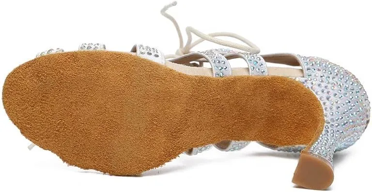 JUODVMP Women Latin Dance Shoes Rhinestone Peep-Toe Ballroom Salsa Bachata Dancing Practice Performance Wedding Party YCL486