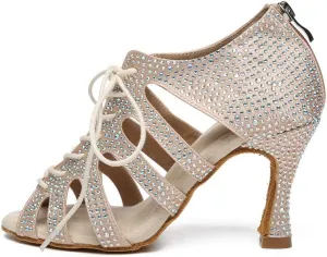 JUODVMP Women Latin Dance Shoes Rhinestone Peep-Toe Ballroom Salsa Bachata Dancing Practice Performance Wedding Party YCL486