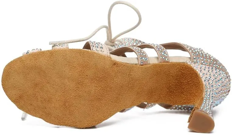 JUODVMP Women Latin Dance Shoes Rhinestone Peep-Toe Ballroom Salsa Bachata Dancing Practice Performance Wedding Party YCL486