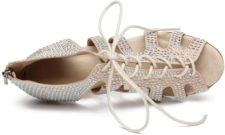 JUODVMP Women Latin Dance Shoes Rhinestone Peep-Toe Ballroom Salsa Bachata Dancing Practice Performance Wedding Party YCL486