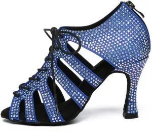 JUODVMP Women Latin Dance Shoes Rhinestone Peep-Toe Ballroom Salsa Bachata Dancing Practice Performance Wedding Party YCL486