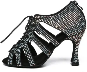 JUODVMP Women Latin Dance Shoes Rhinestone Peep-Toe Ballroom Salsa Bachata Dancing Practice Performance Wedding Party YCL486