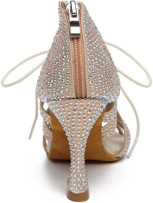 JUODVMP Women Latin Dance Shoes Rhinestone Peep-Toe Ballroom Salsa Bachata Dancing Practice Performance Wedding Party YCL486