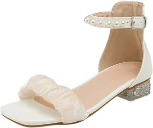 Kids Clear Glitter Jelly Sandal Girls Sandals Pearl Sweet Lace Chunky Heel Crystal Heel Square Toe Soft Bottom Children's Sandals