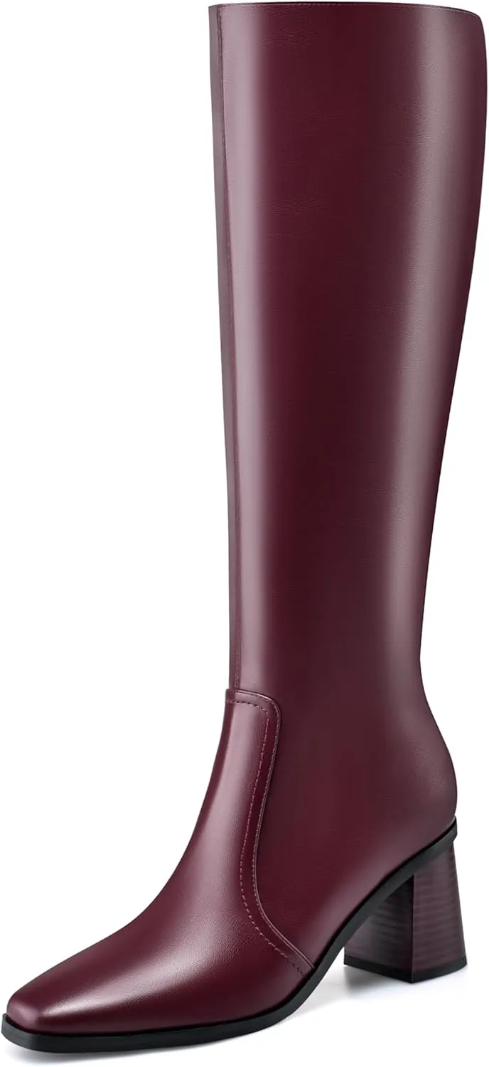 Knee High Boots for Women Chunky Heel Square Toe Tall Boots Wide Calf Fashion Long Boot with Side Zipper