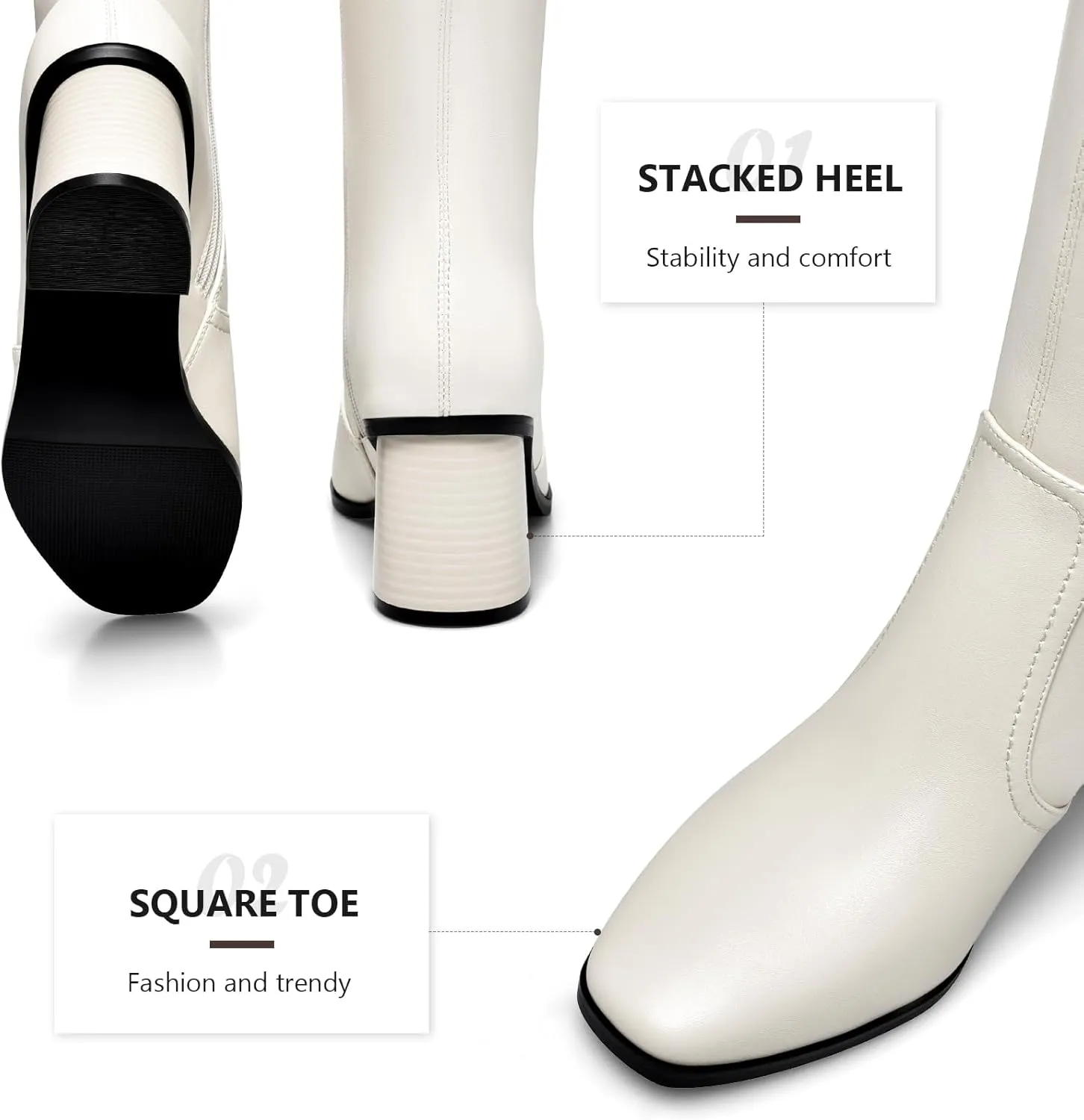 Knee High Boots for Women Chunky Heel Square Toe Tall Boots Wide Calf Fashion Long Boot with Side Zipper