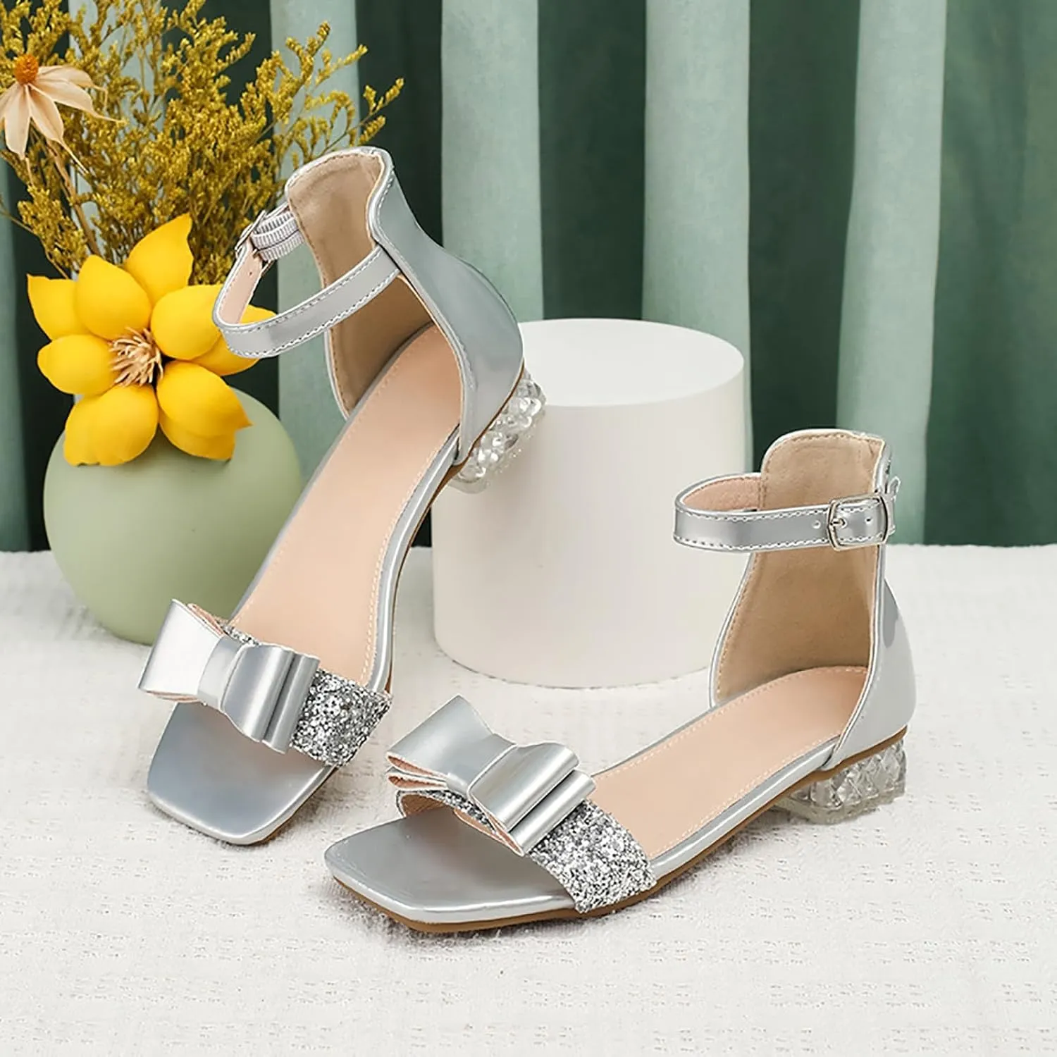 Low Heels Open Toe Princess Sandal Girls Shoes Princess Shoes Summer New Girls Silver High Heels Students Large And Medium Children Crystal Sandals High Top