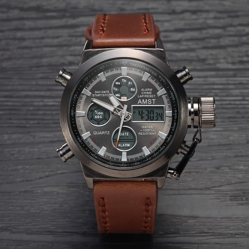 Men Sport Military Watch AMST Brand Dive LED Watches Genuine Leather Quartz Watch Men Wristwatches