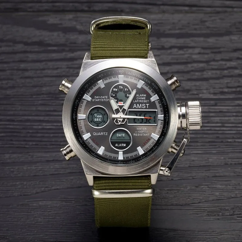 Men Sport Military Watch AMST Brand Dive LED Watches Genuine Leather Quartz Watch Men Wristwatches