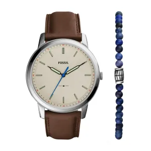 Minimalist Three-Hand Brown Eco Leather Watch and Bracelet Set