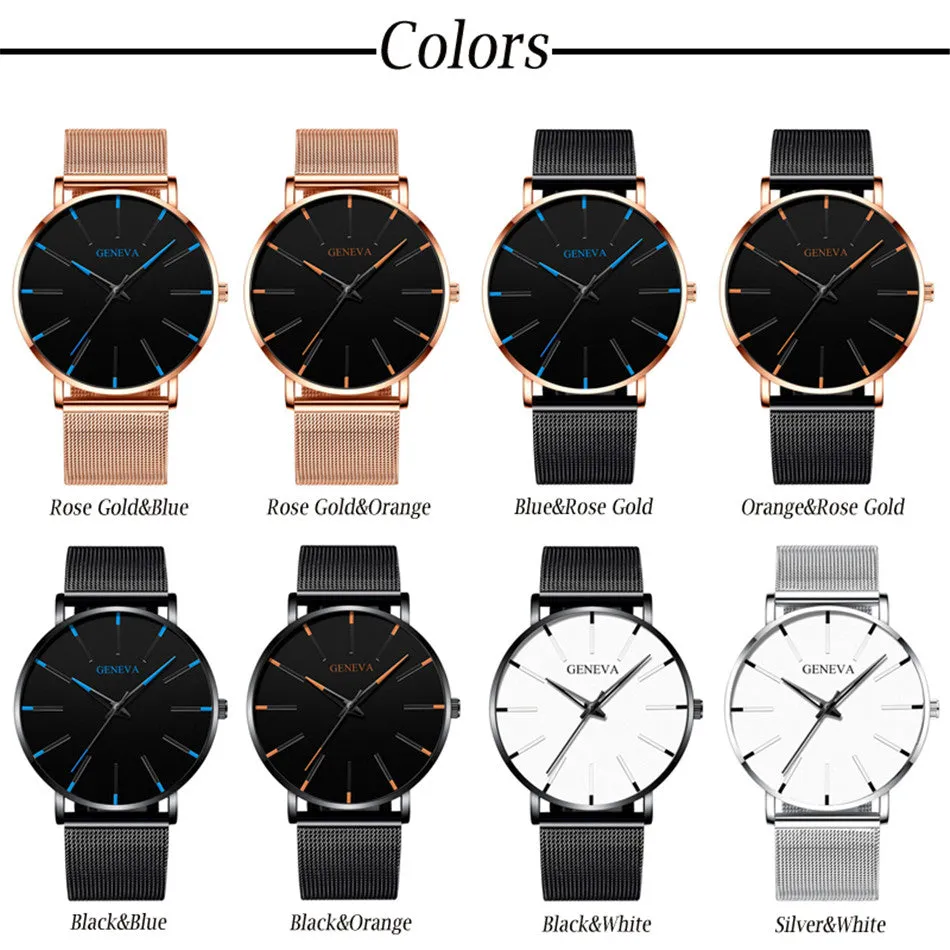 Minimalist Ultra Thin Watches Mens Fashion Stainless Steel Mesh Belt