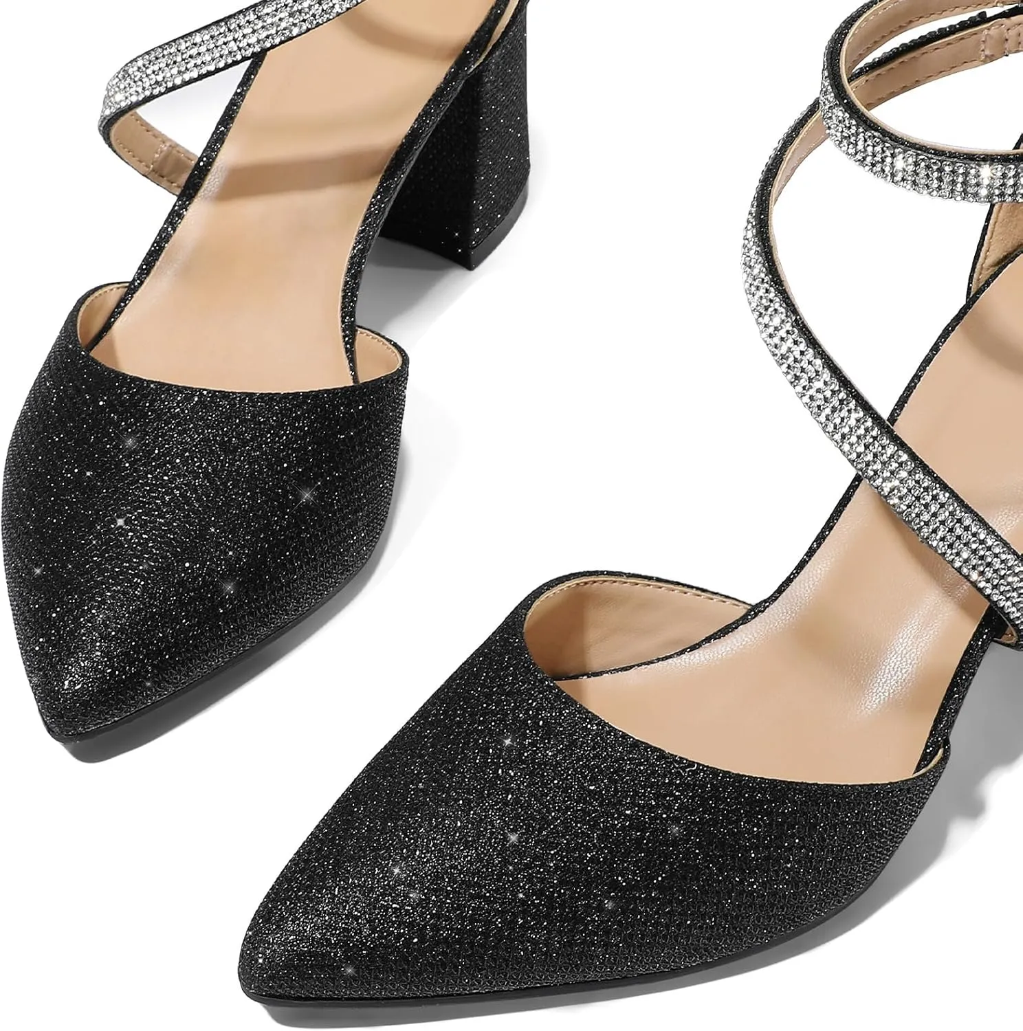 mysoft Women's Pumps Low Chunky Block Heels Pointed Toe Ankle Strap Across Instep Strap Party Wedding Dress Shoes