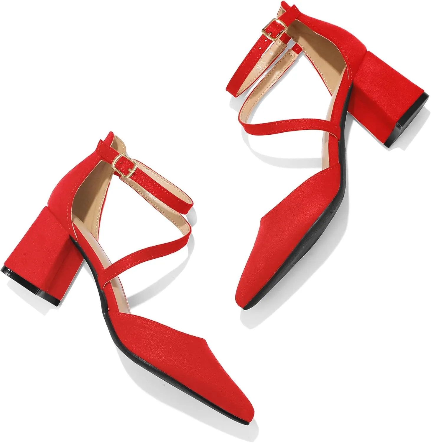 mysoft Women's Pumps Low Chunky Block Heels Pointed Toe Ankle Strap Across Instep Strap Party Wedding Dress Shoes