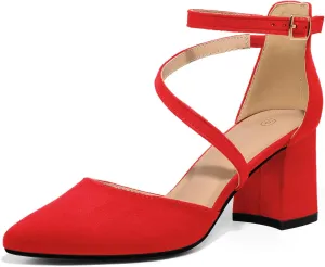 mysoft Women's Pumps Low Chunky Block Heels Pointed Toe Ankle Strap Across Instep Strap Party Wedding Dress Shoes