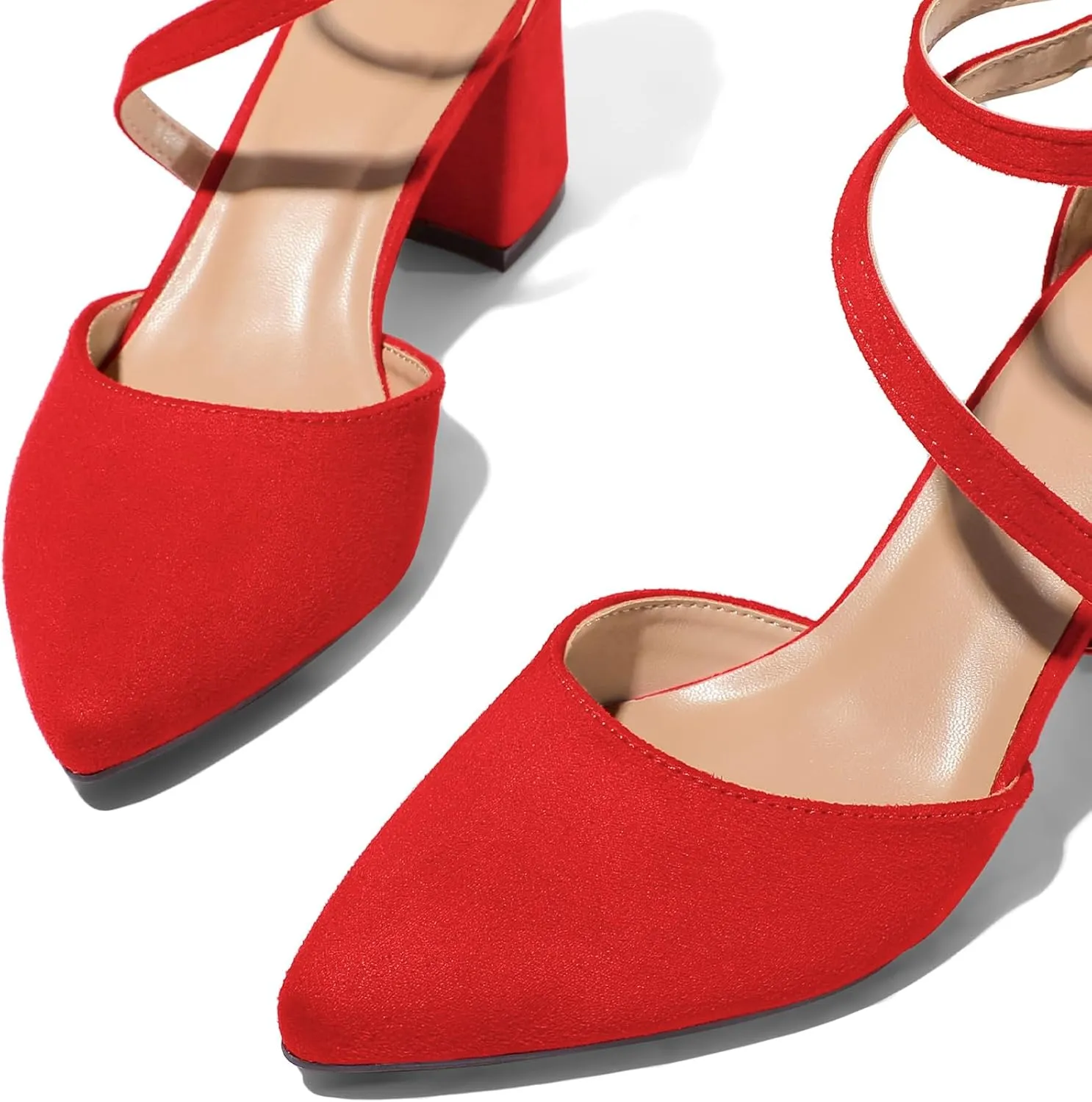 mysoft Women's Pumps Low Chunky Block Heels Pointed Toe Ankle Strap Across Instep Strap Party Wedding Dress Shoes