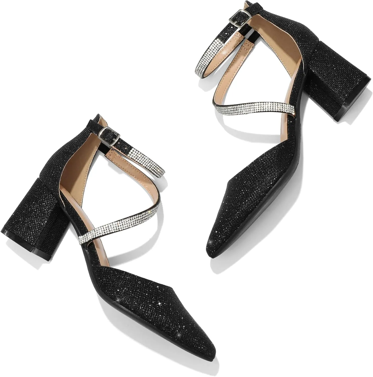 mysoft Women's Pumps Low Chunky Block Heels Pointed Toe Ankle Strap Across Instep Strap Party Wedding Dress Shoes