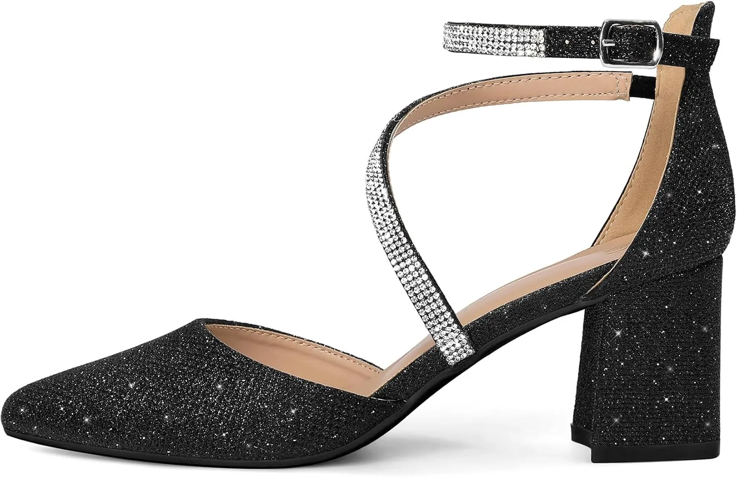 mysoft Women's Pumps Low Chunky Block Heels Pointed Toe Ankle Strap Across Instep Strap Party Wedding Dress Shoes