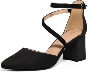 mysoft Women's Pumps Low Chunky Block Heels Pointed Toe Ankle Strap Across Instep Strap Party Wedding Dress Shoes