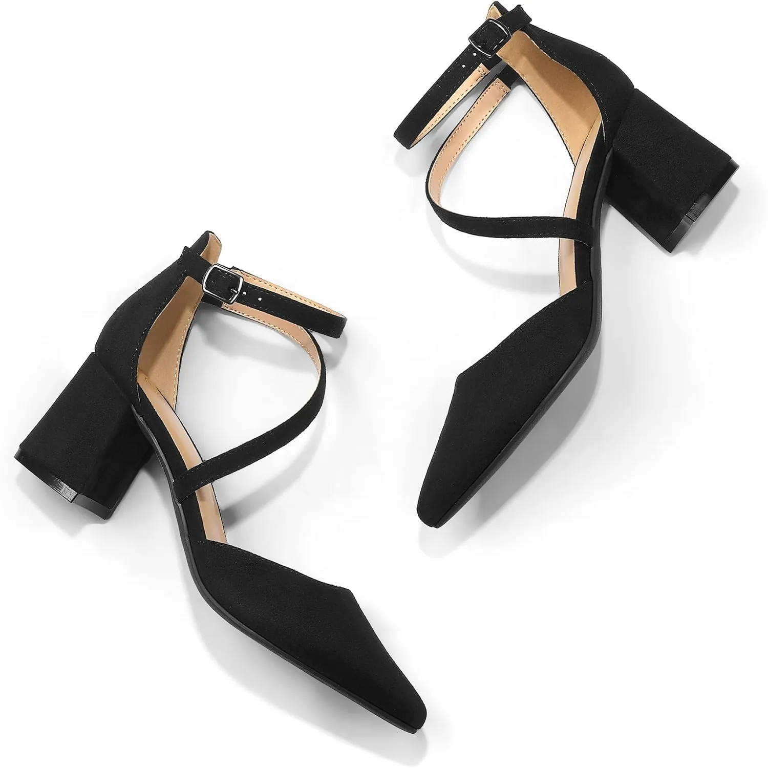 mysoft Women's Pumps Low Chunky Block Heels Pointed Toe Ankle Strap Across Instep Strap Party Wedding Dress Shoes