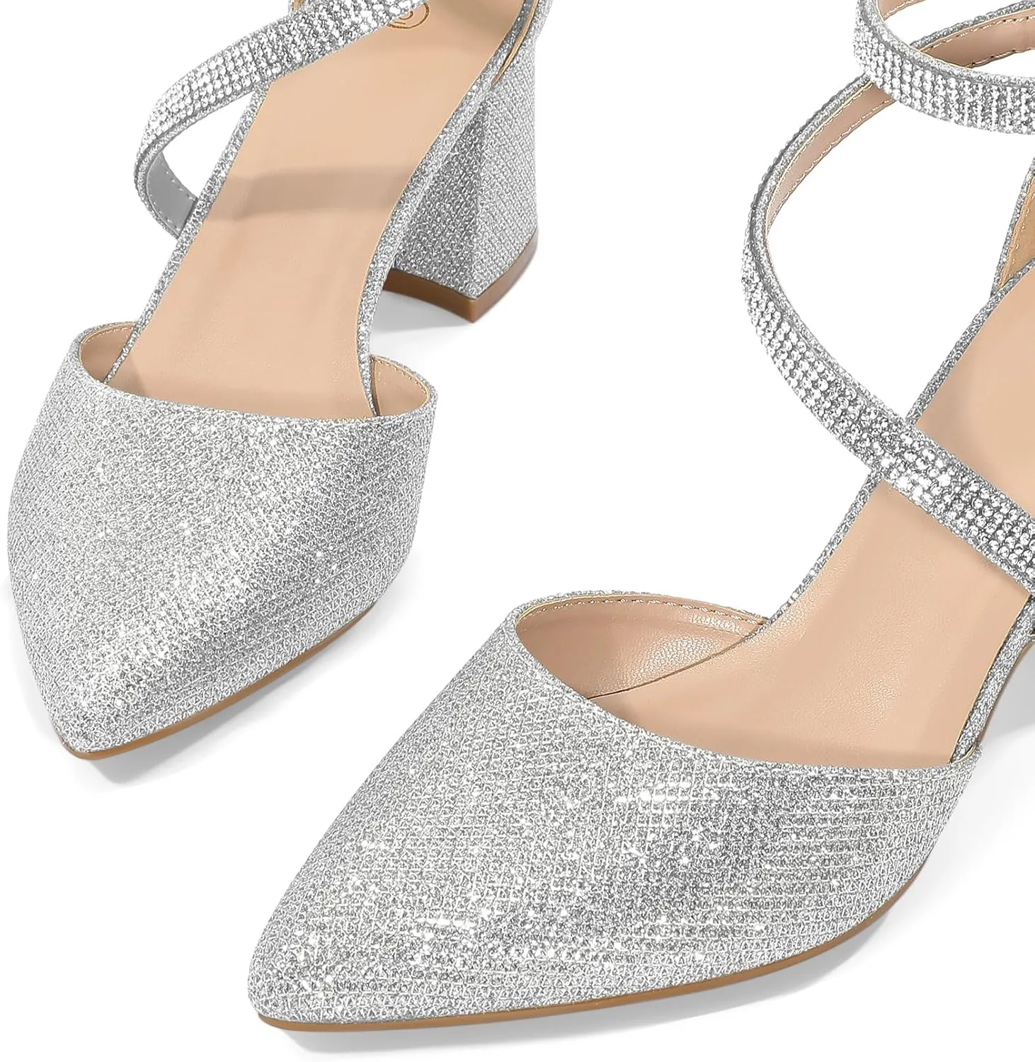 mysoft Women's Pumps Low Chunky Block Heels Pointed Toe Ankle Strap Across Instep Strap Party Wedding Dress Shoes