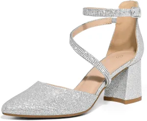 mysoft Women's Pumps Low Chunky Block Heels Pointed Toe Ankle Strap Across Instep Strap Party Wedding Dress Shoes