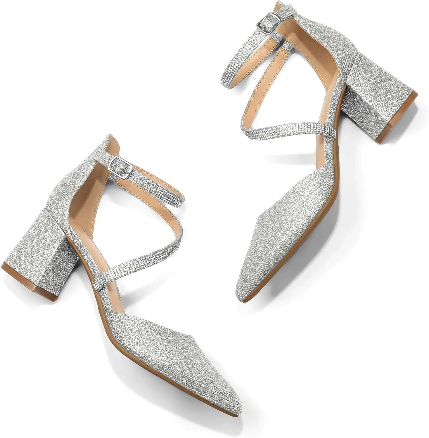 mysoft Women's Pumps Low Chunky Block Heels Pointed Toe Ankle Strap Across Instep Strap Party Wedding Dress Shoes