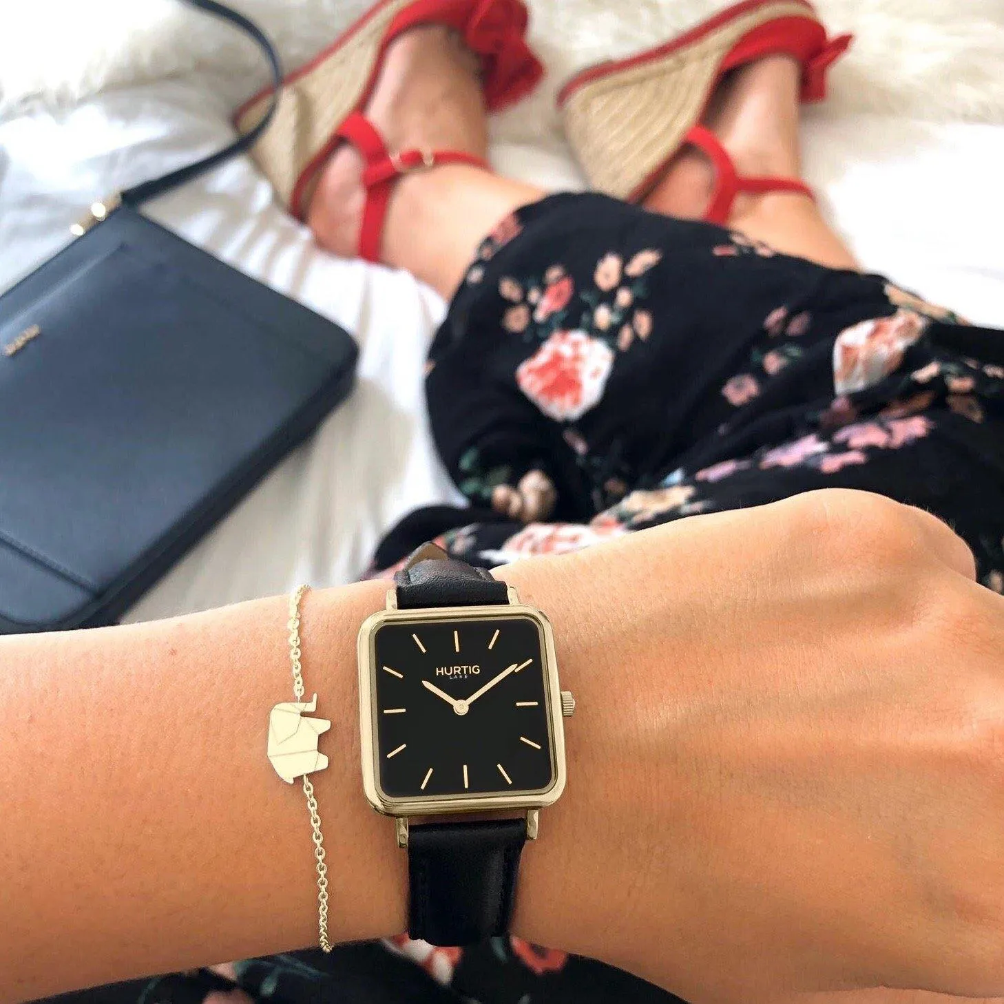 Neliö Square Vegan Leather Watch Gold, Black & Black