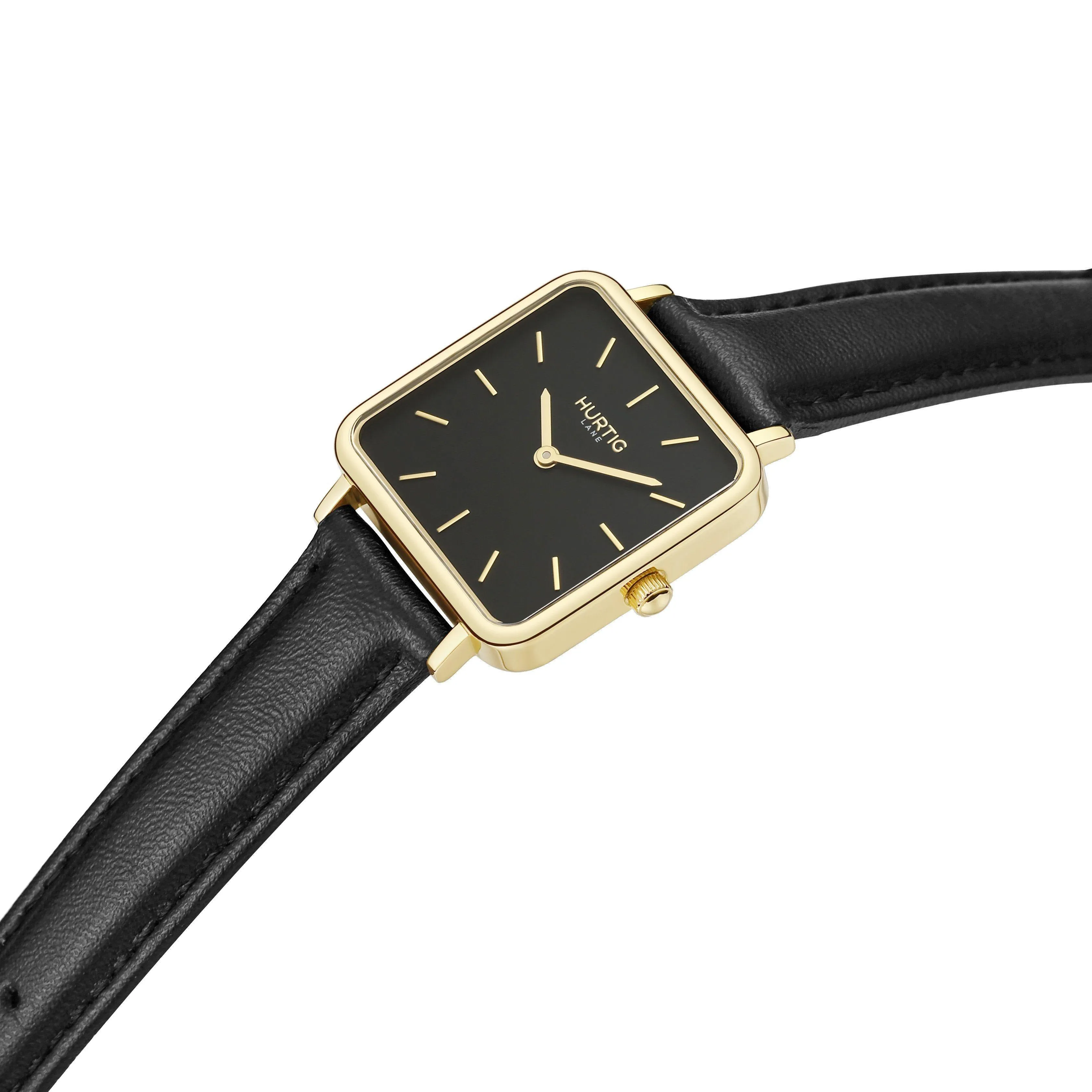 Neliö Square Vegan Leather Watch Gold, Black & Black