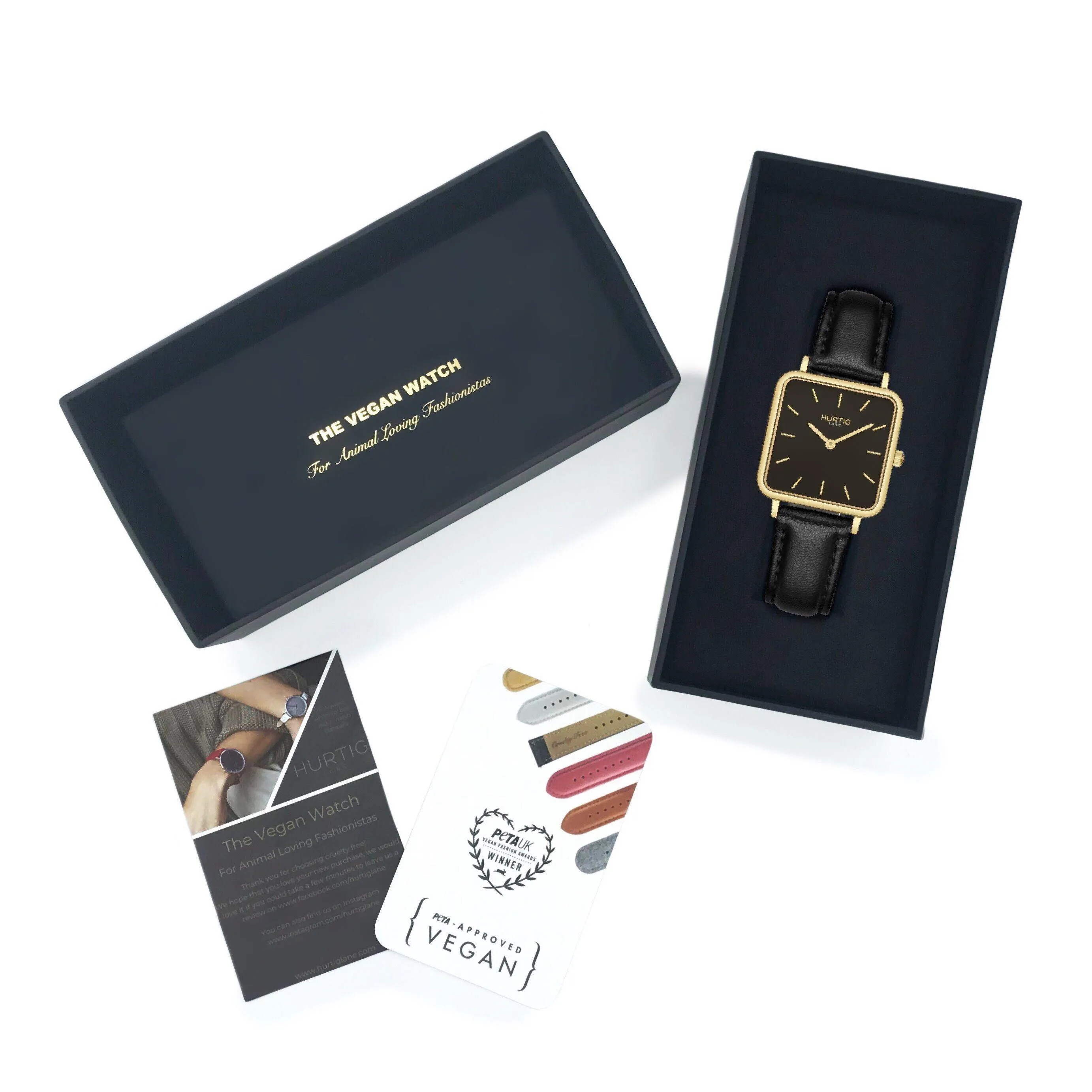Neliö Square Vegan Leather Watch Gold, Black & Black