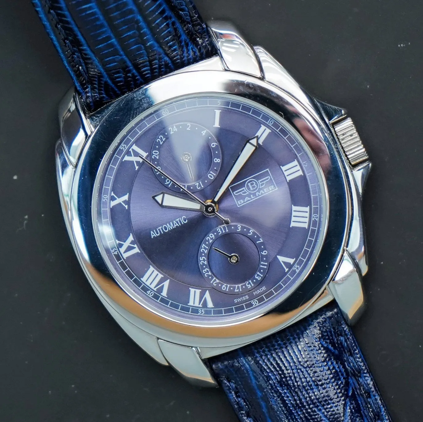 NOS BALMER Automatic 21 Jewels Watch 4449-81 24-Hour Dial Swiss Wristwatch - ALL Original Box & Papers