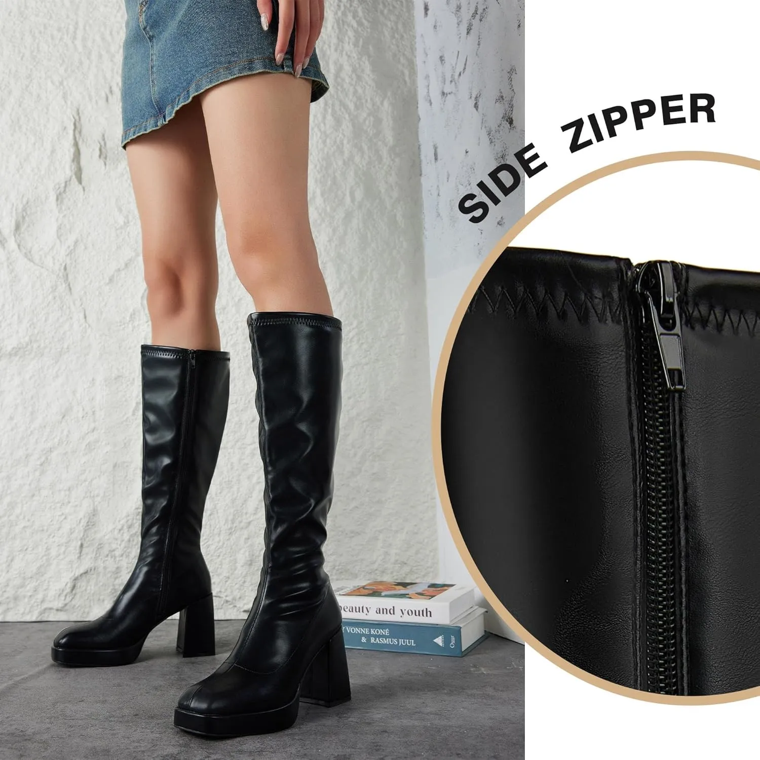Putu Platform Knee High Boots for Women GoGo Boots with Square Toe Chunky Block Tall Boots