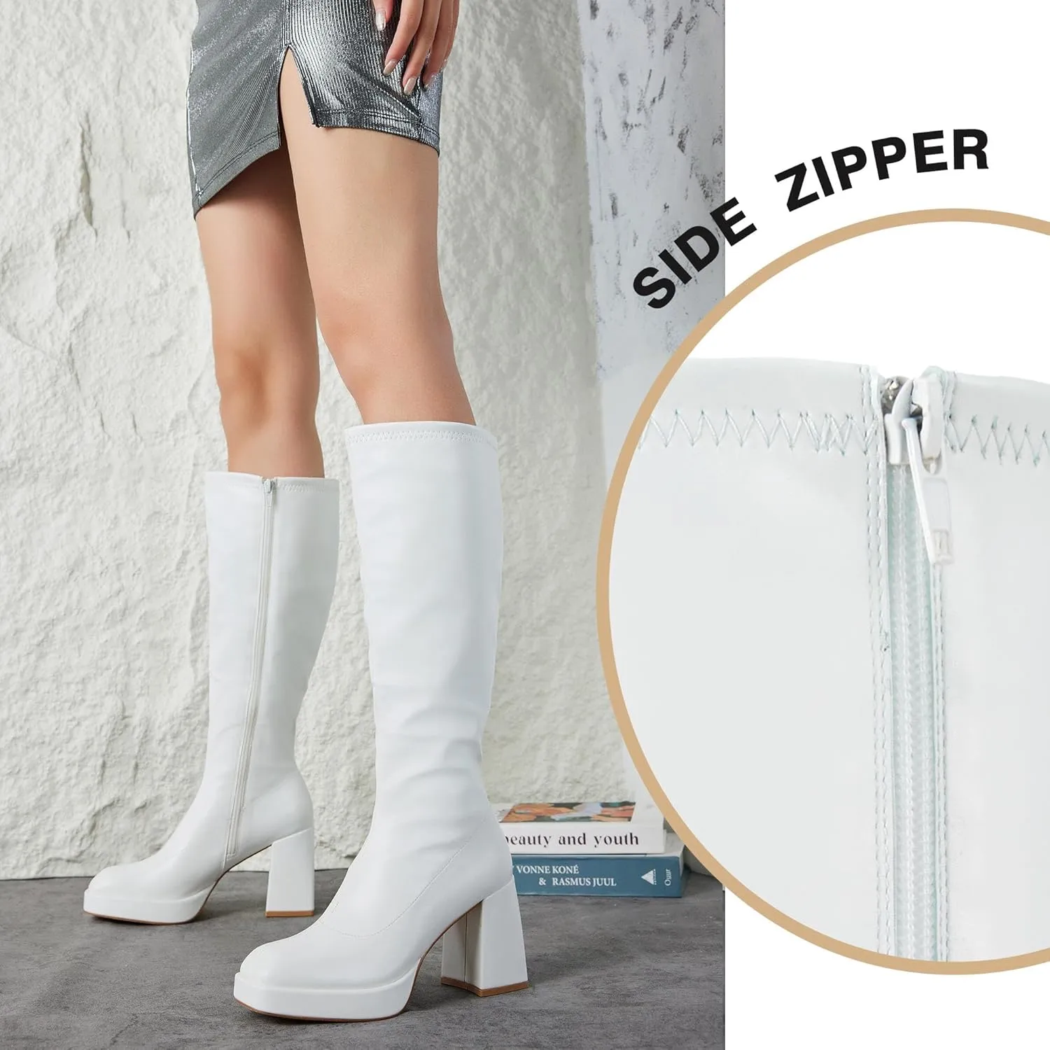 Putu Platform Knee High Boots for Women GoGo Boots with Square Toe Chunky Block Tall Boots