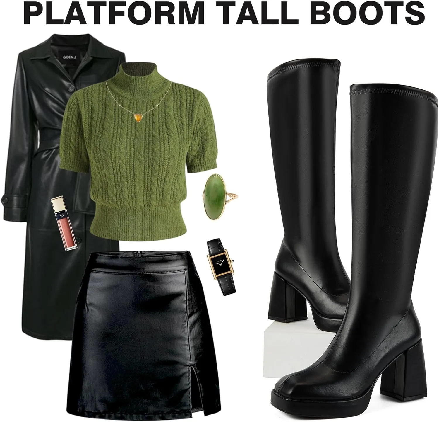 Putu Platform Knee High Boots for Women GoGo Boots with Square Toe Chunky Block Tall Boots