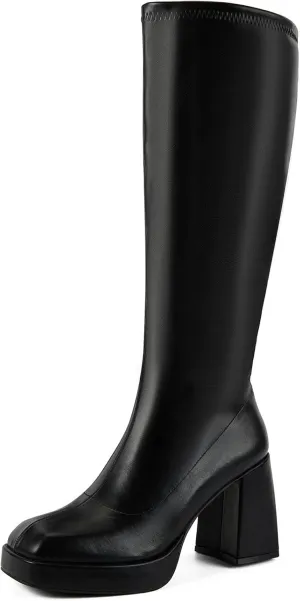 Putu Platform Knee High Boots for Women GoGo Boots with Square Toe Chunky Block Tall Boots