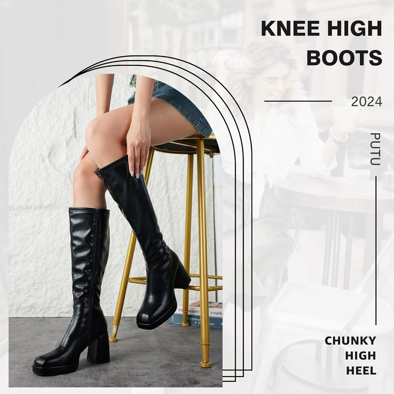 Putu Platform Knee High Boots for Women GoGo Boots with Square Toe Chunky Block Tall Boots
