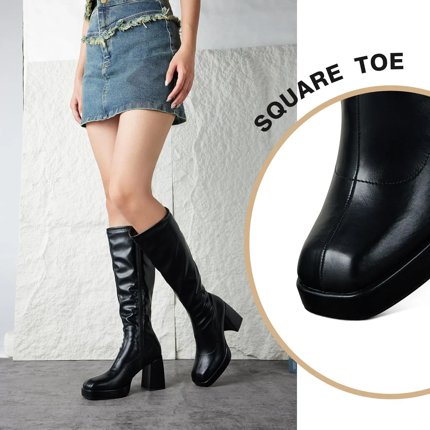 Putu Platform Knee High Boots for Women GoGo Boots with Square Toe Chunky Block Tall Boots