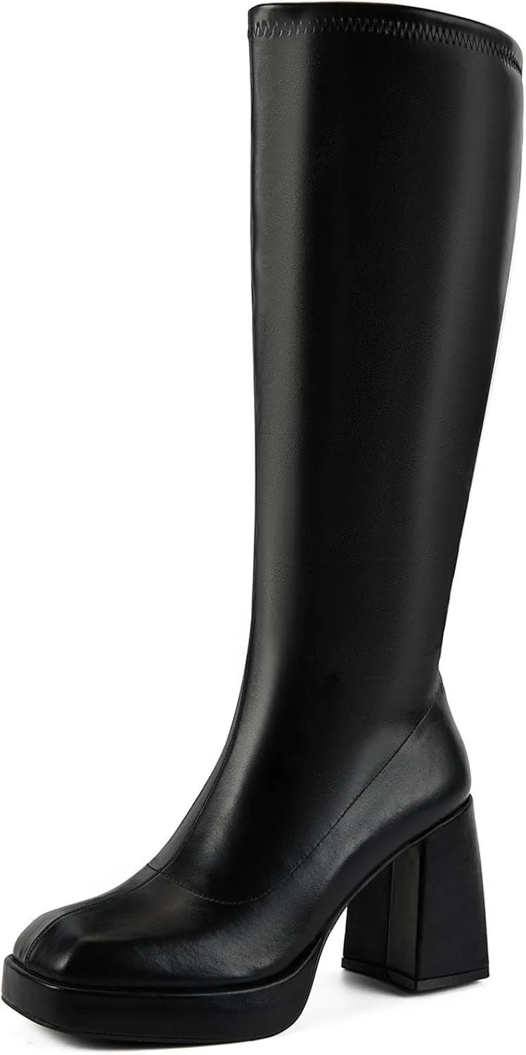 Putu Platform Knee High Boots for Women GoGo Boots with Square Toe Chunky Block Tall Boots